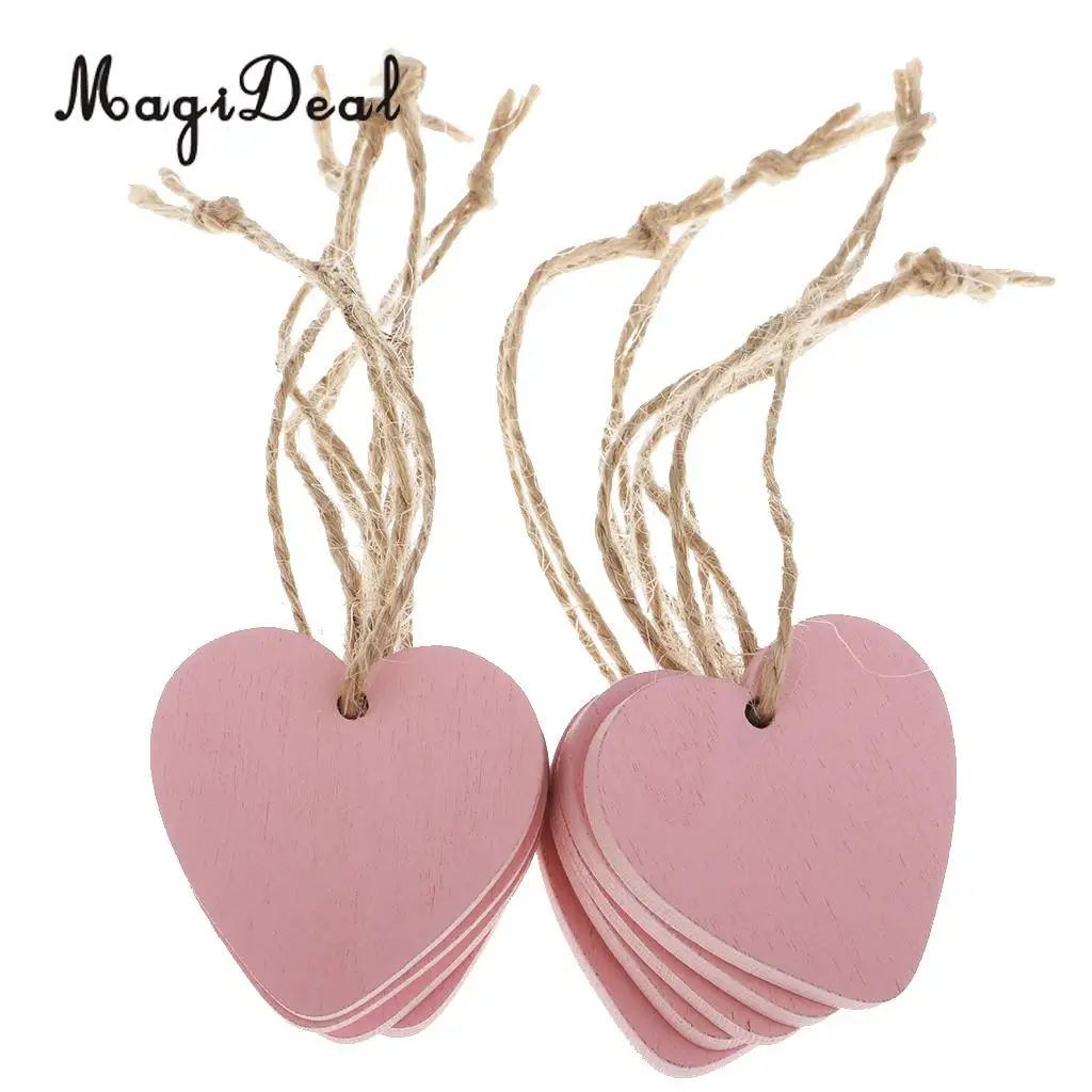 MagiDeal 10 Pieces Painted Wood Heart Tags Hanging Craft DIY Scrapbook Crafts Accessories Wedding Decoration Party Decor Pink