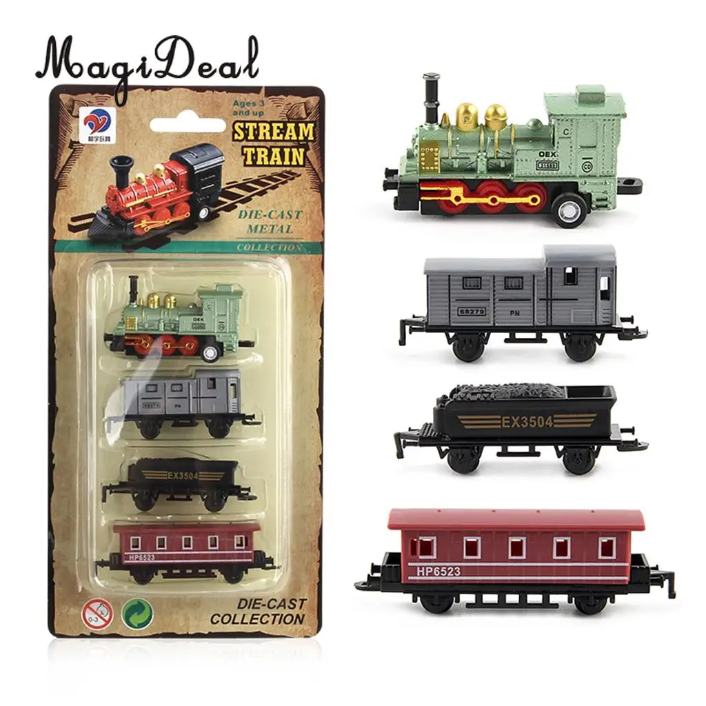 Mini tren de vapor verde para niños, 1 motor de locomotora y 3 carruajes de ferrocarril, juguete divertido coleccionable, 4 piezas