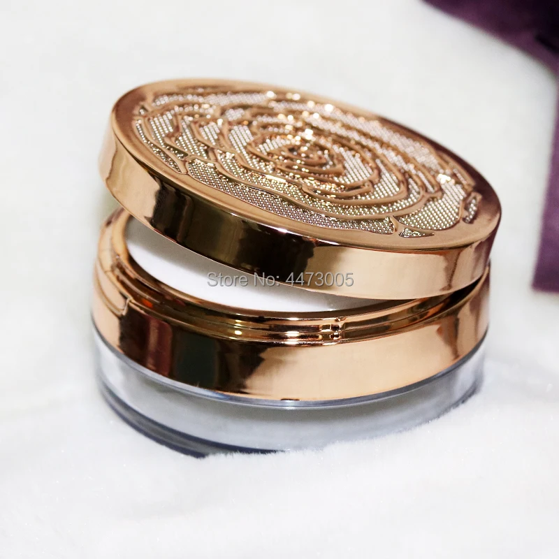 10pcs/lot 10g Empty Round Double Layer Loose Powder Case Jar Rose Gold Cosmetic Powder Compact Bottle with Grid & puff & mirror