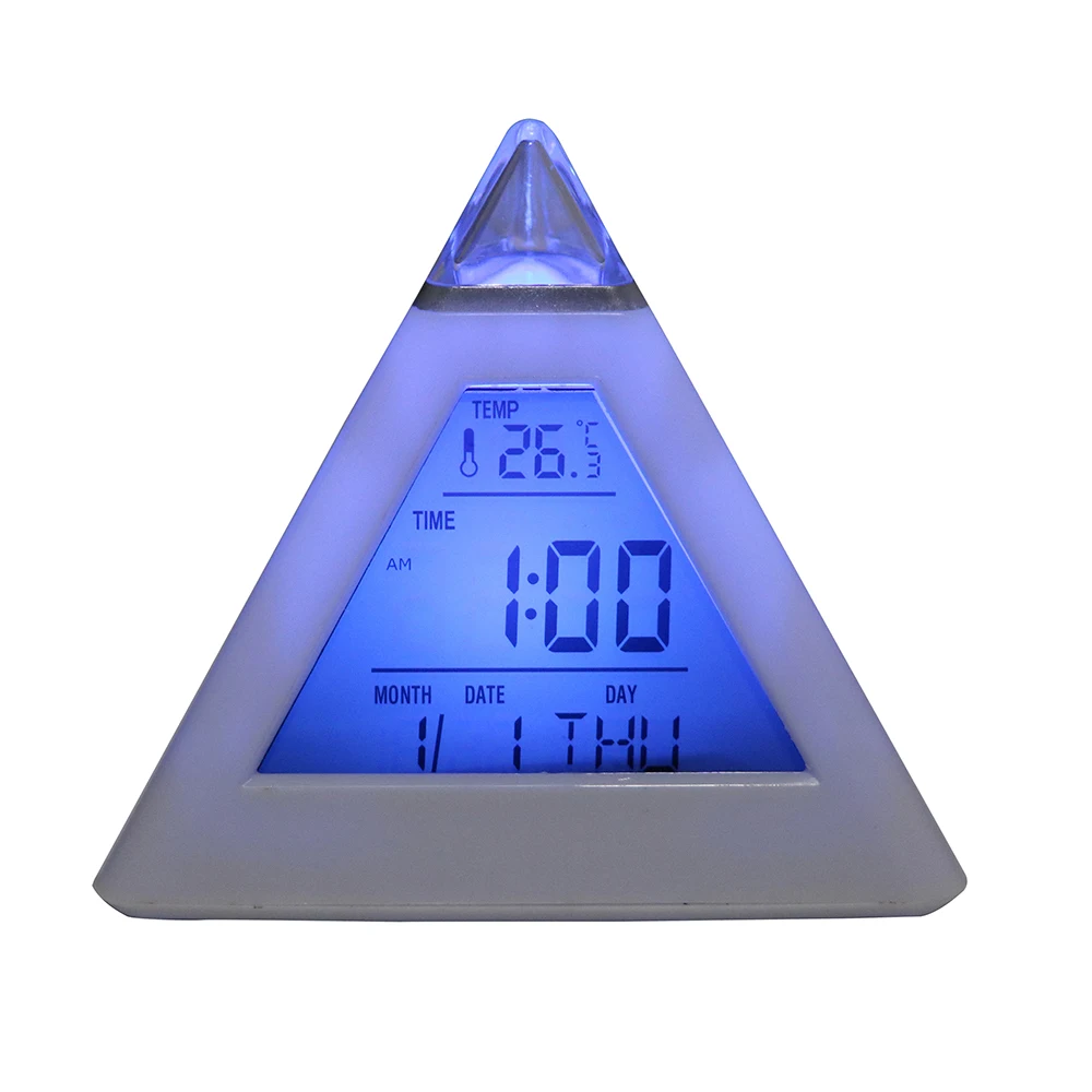 Triangle Pyramid Perpetual Calendar Thermometer Digital Alarm Clock Home Decoration Colorful Backlight Change Clock