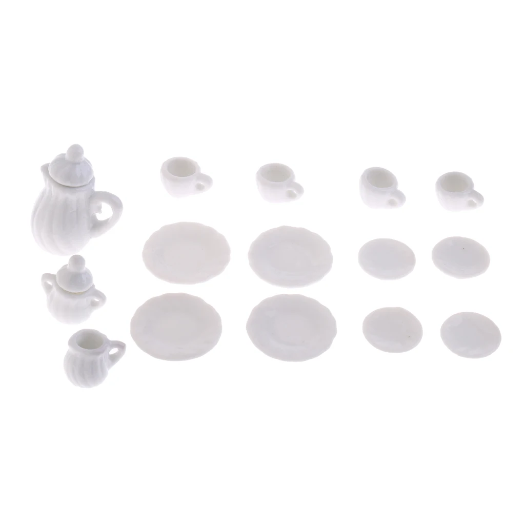 Well designed 15 Pieces White Ceramic China Tea Set Pot Cup Saucer Plate 1/12 Dollhouse  new type of miniature tea tools