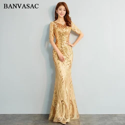 BANVASAC Elegant O Neck Gold Sequined Mermaid Long Evening Dresses Lace Illusion Short Sleeve Party Prom Gowns