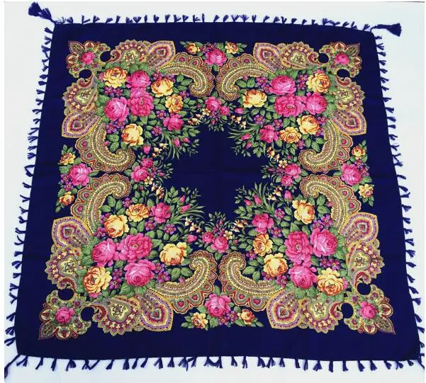 Print Scarf Shawl Russian Pattern Tassel Square Scarf Female Winter Cotton Aztec Hijab Wrap Head Scarf 90*90cm 130g