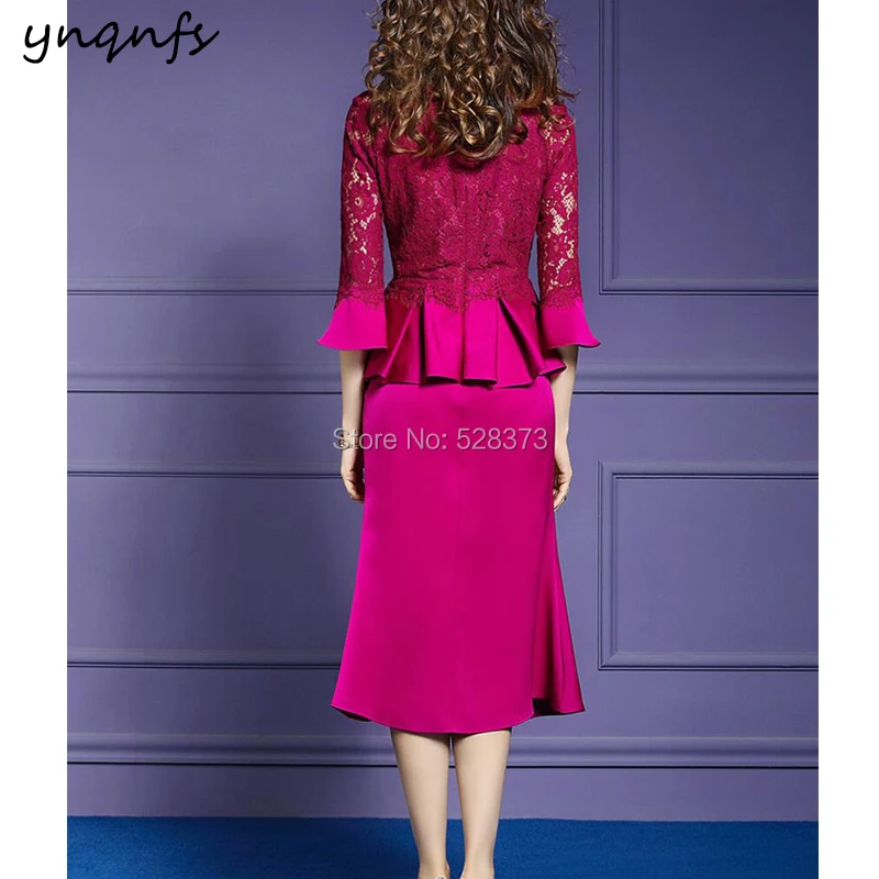YNQNFS M142 Crystal High Neck Fuchsia Mother of the Bride Lace Dresses 3/4 Sleeve Robe Cocktail Vestido Festa Party Gown 2025