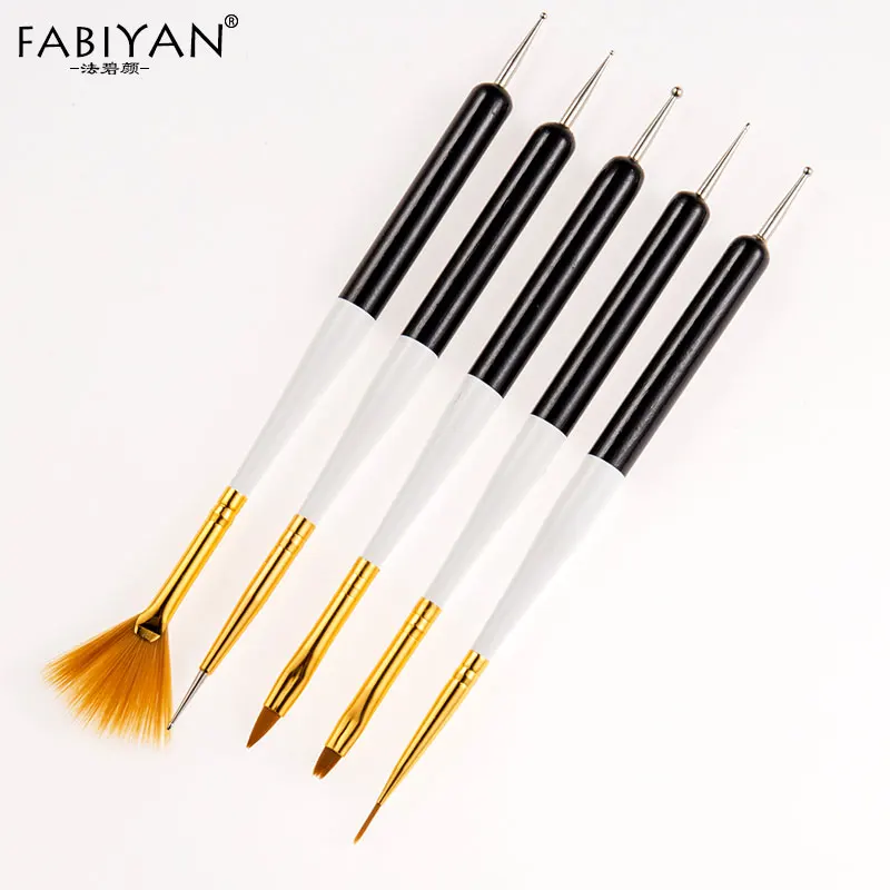 5pcs/set Nail Art Pen Flat Fan Diamond Painting Liner Dotting Flower UV Gel Design Blending Colour Dual End Nail Brush Tools