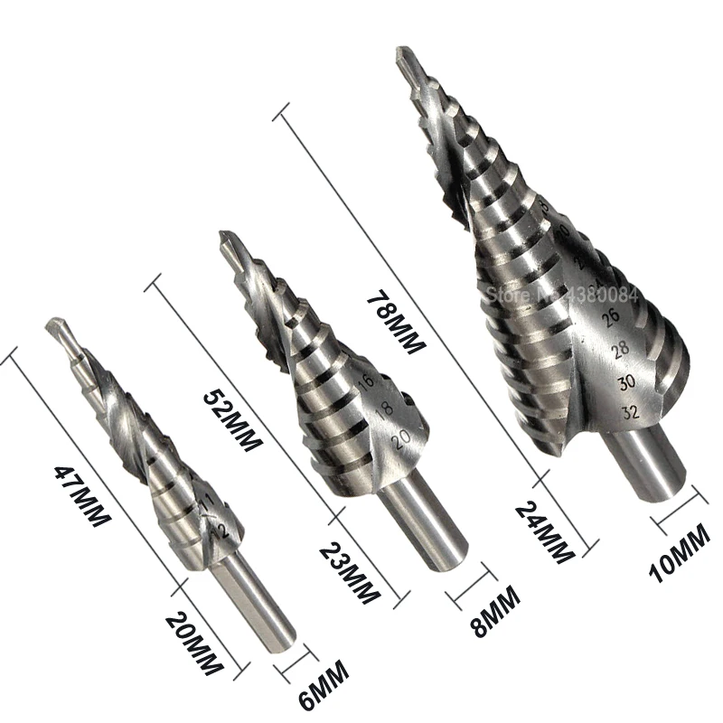 HSS 6542/M2 Triangle Shank Spiral Groove Broca Metal Step Cone Drill Steel Core Saw Cutter Hand Tool 4-12MM 4-20MM 4-32MM