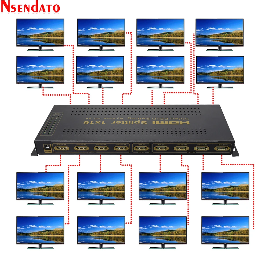 1 In 16 Out HDMI Adapter Splitter 1X16 4Kx2K HDMI Switcher Converter For 3D HD DTS Dolby LPCM7.1 4K 30hz HDTV Monitor DVD