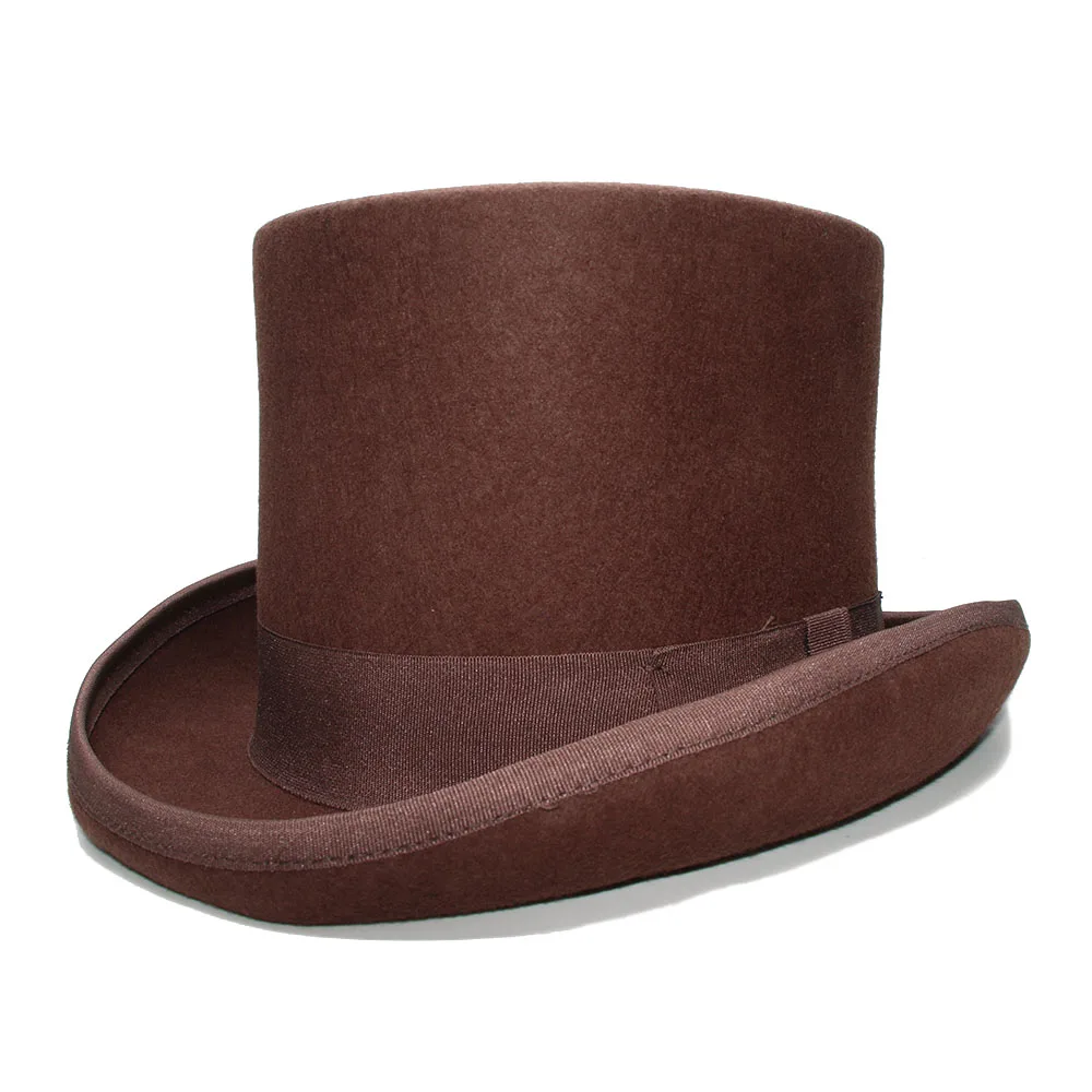 13cm Height Retro Women\'s Men\'s Brown Color Top Round Flat Top Wool 100% Vintage Magician President Lincoln Gentleman Bowler Hat