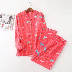 Red Ladies Spring Cotton Grinding Woolen Cloth Pyjamas Women Long Sleeve Cartoon Pijama Mujer Full Length Pajama Set Sleepwear