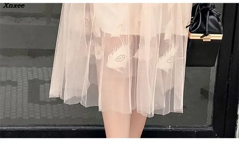 Tulle Skirts Womens Adult Tulle Skirt Elastic Pleated Midi Skirt New Summer Women Elegant Vintage Lace Mesh Skirts Saias Xnxee