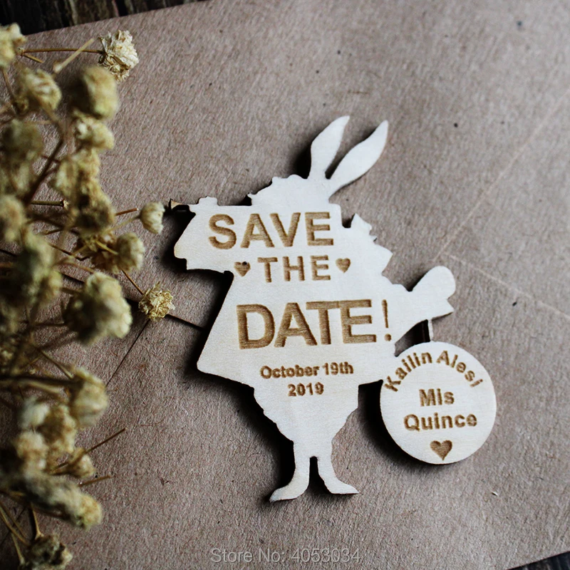 Wooden White Rabbit Shaped Personalised SAVE THE DATE Magnets Alice Wedding