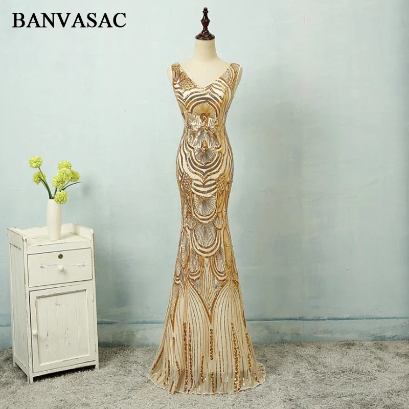 

BANVASAC 2019 Vintage V Neck Sequined Mermaid Long Evening Dresses Elegant Party Tulle Tank Backless Prom Gowns