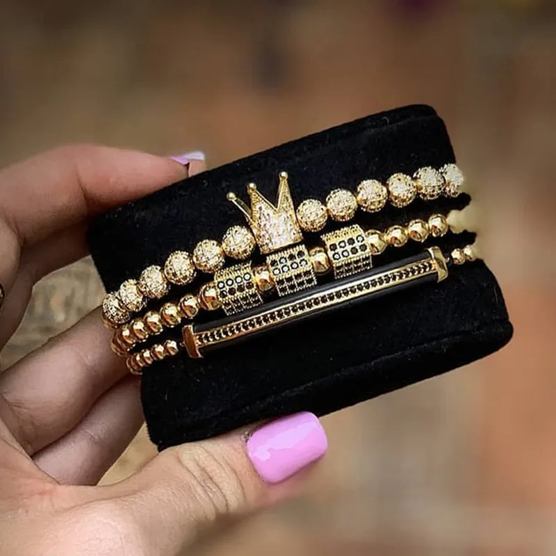 Fashionable Design Men Luxury Bracelet Hexagon Beads Micro Pave Black CZ Beads Cube Dice Macrame Braided Charm Bracelets