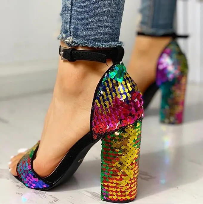 Sexy Paillette Chunky High Heel Women's Sandals Rainbow Colorful Sequins Ankle Buckle Intrigue Sequins Bling Bling Sandalias