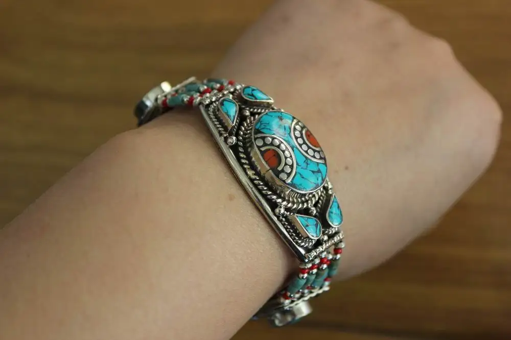 BR041 Nepal Indian Fashion Women Bracelets Tibetan Copper Lapis Turquoises Colorful Stone Clasp Cuff Bracelet New Arrival