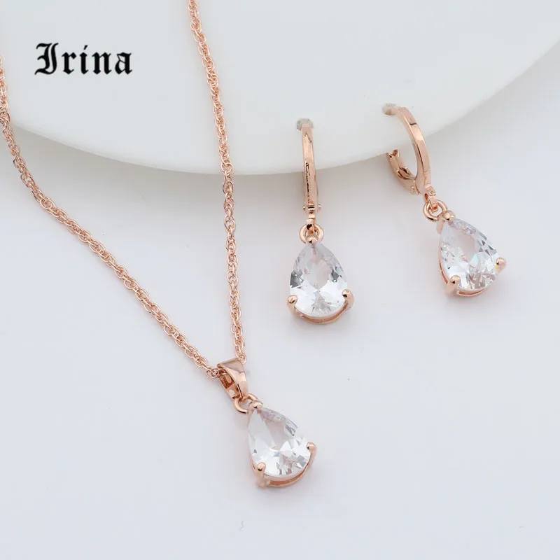 Irina 1Set Rose Gold Color AAA Oval Cut cubic zirconia  Charming necklace Cute pendant drop earrings jewelry set