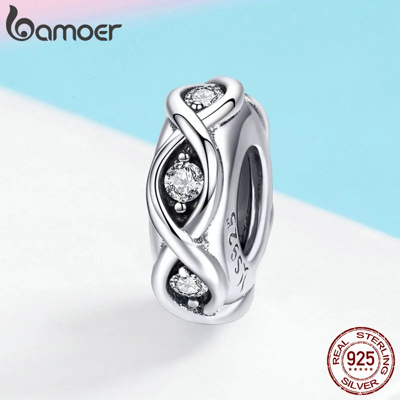 BAMOER Sterling Silver 925 Clear CZ Infinity Love Charm Fit Brand Bracelet and Bangles Tibetan Silver Fine Jewelry SCC1153