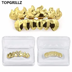 TOPGRILLZ  Gold Color Plated HIP HOP Teeth Grillz Flame Leaf Top & Bottom Grill Set With silicone Vampire teeth Christmas Gift