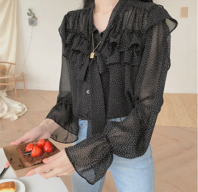 Chiffon Blouses Shirts 2019 Design Women Tops transparent Flare Sleeve Red Black Dot Ruffled Loose Button Shirt camisas feminina