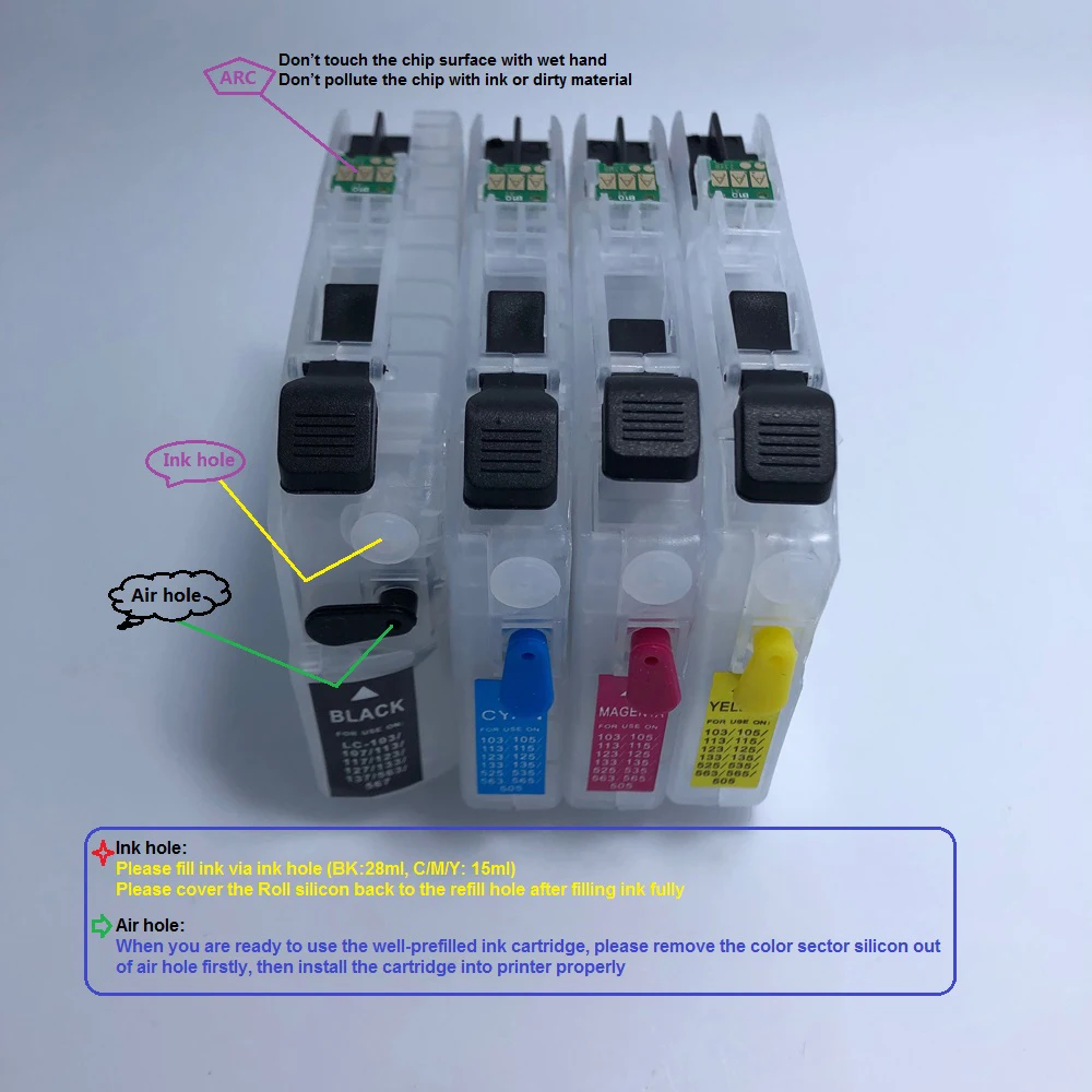 LC103 Refillable Ink Cartridge LC101 LC103 (101) for Brother DCP-J152W MFC-J245 MFC-J285DW MFC-J450DW MFC-J470DW MFC-J475DW