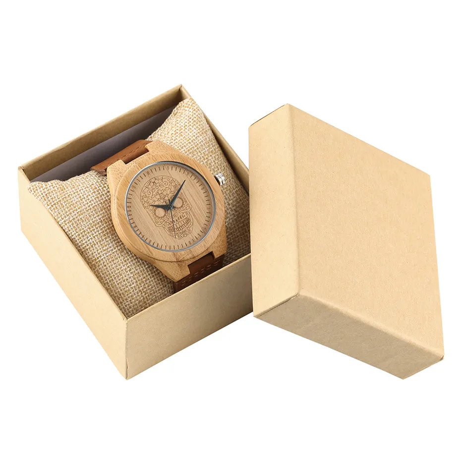 Nature Bamboo Wooden Watches Men Skull Dial Casual Genuine Leather Strap Wrist Watch Men Wood Clock With Box Best Gifts for Male