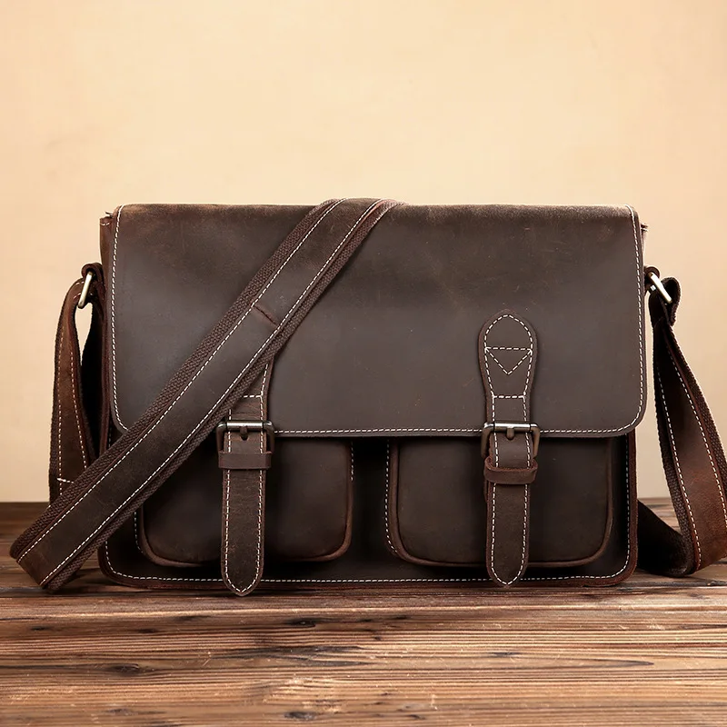 

Vintage Men Leather Shoulder Bag Genuine Leather messenger bag men crossbody bag male Crazy horse Leather Sling Casual Bag Brown