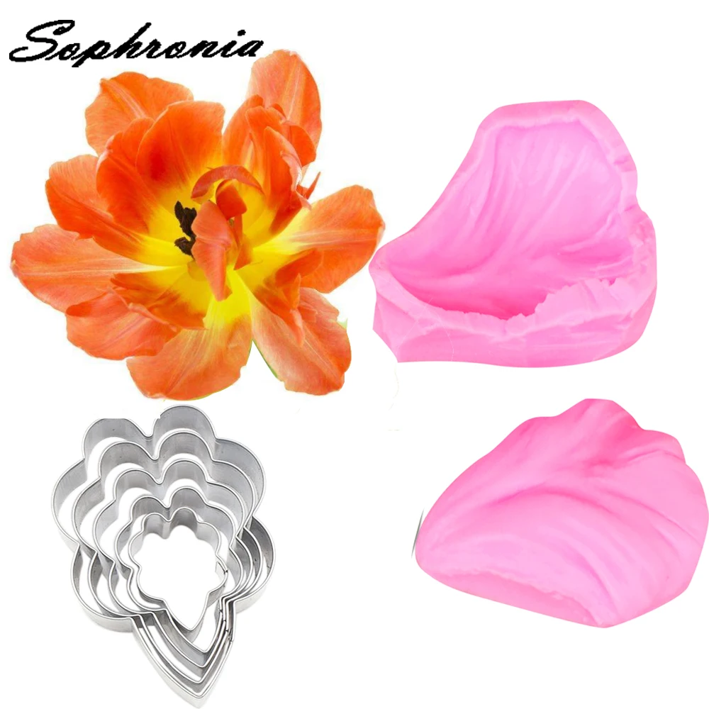 Tulip Flower Silicone Veiner &Cutters Molds for Handicrafts Fondant Sweets Baking Supplies Table Decorations Pastry Party CS173