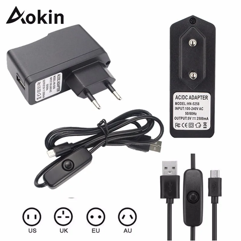 

Aokin EU/US/AU/UK 5V 2.5A AC Power Adapter For Raspberry Pi 3 2 Power Charger With On Off Power Switch 1M Micro USB Cable