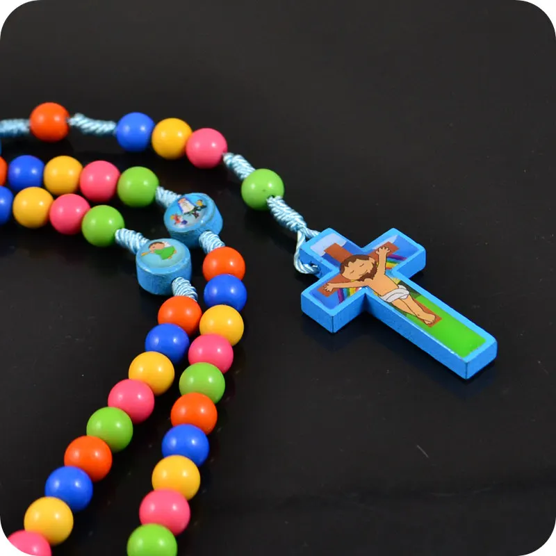 100x Rosary Beads Cartoon JESUS Cross Pendant Necklace Children Kid Girls Catholic Fashion Religious Jewelry