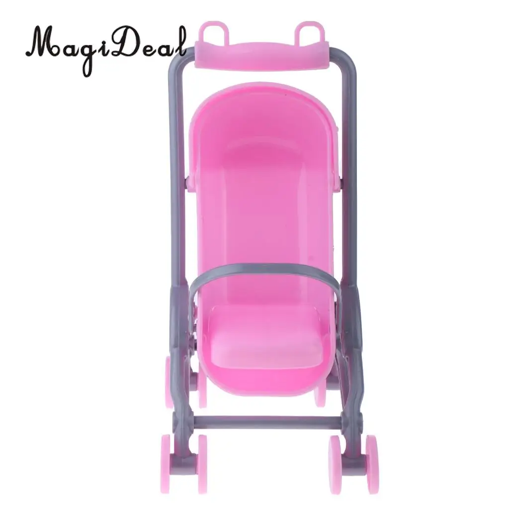 1/6 Pink Dollhouse Miniature Baby Cradle Bed+Stroller Model Furniture Decor for Dolls Accessories Kids Children Pretend Play Toy