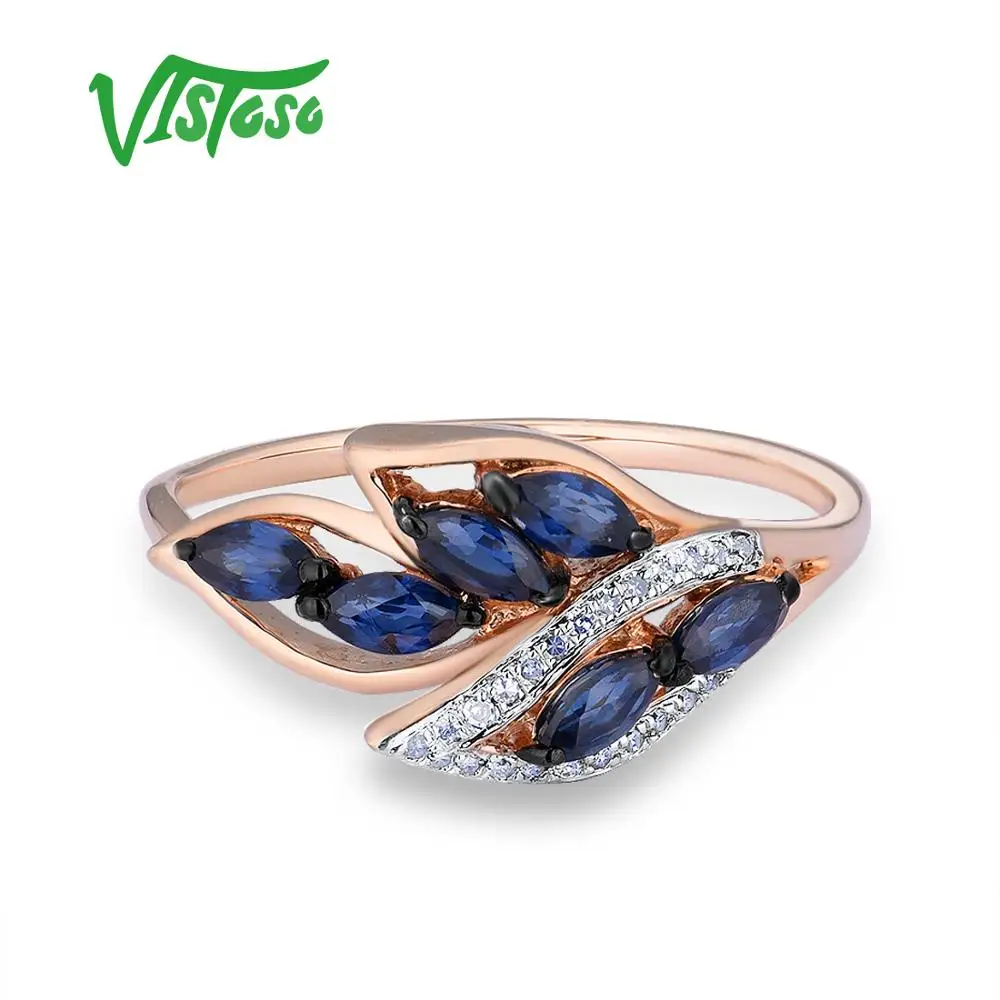 VISTOSO Gold Rings For Women Genuine 14K 585 Rose Gold Ring Leaves Shiny Diamond Blue Sapphire Wedding Engagement Fine Jewelry