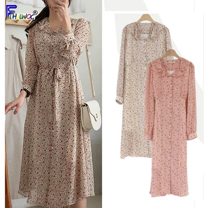 Pink Cute Dresses Women Long Sleeve Spring Fall Korean Japanese Style Design Belt Bow Tie Button Shirt Dress Vintage Girl