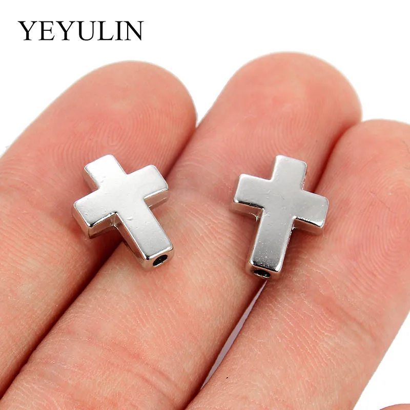 10Pcs Smooth Silver Color Zinc Alloy Religion Cross Beads For Women Men DIY Bracelet Necklace Jewelry Findings 13*1mm