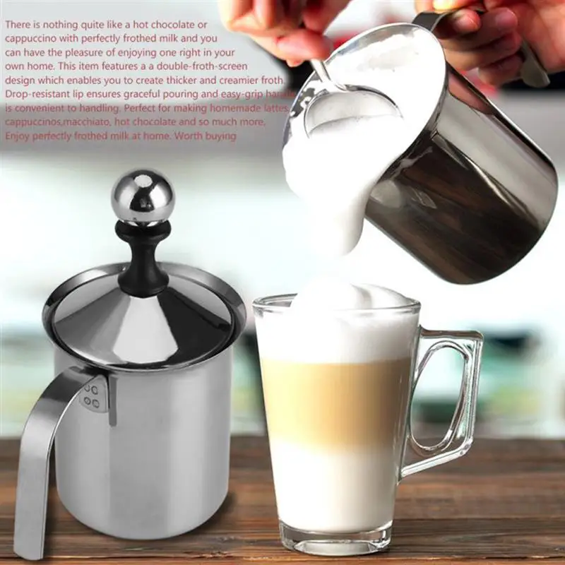 

400ml Manual Coffee Frother Creamer Stainless Steel Manual Milk Frother Foam Maker Coffee milk Double Mesh Milk Creamer