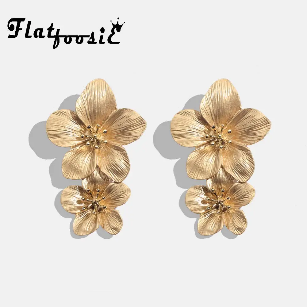 

Flatfoosie Fashion Geometric Long Stud Earrings For Women Wedding Vintage Flower Gold Color Punk Statment Gifts Earrings Jewelry