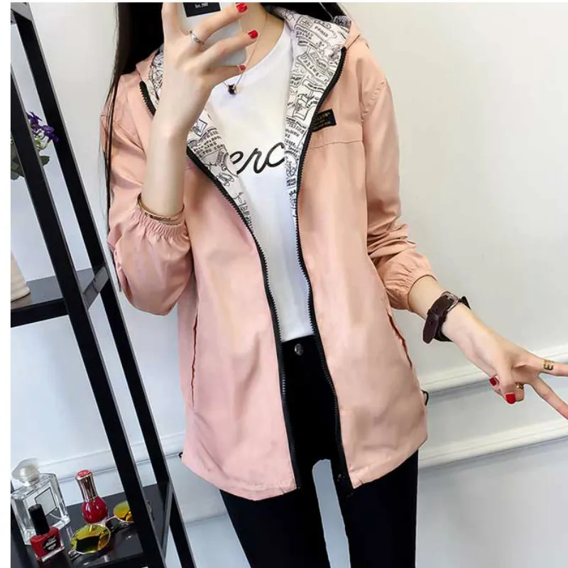 

2019 New Spring Autumn Two Side Wear Women Jacket Hooded Cartoon Print Outwear Loose Coat Windbreaker Female RE2269