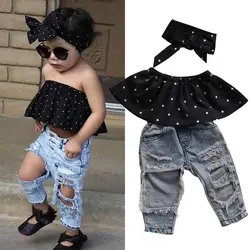 3 pezzi vestiti estivi per bambina Set Dot senza maniche Top gilet buco Jeans pantaloni fiocco fascia abiti moda Casual abbigliamento per bambini Set