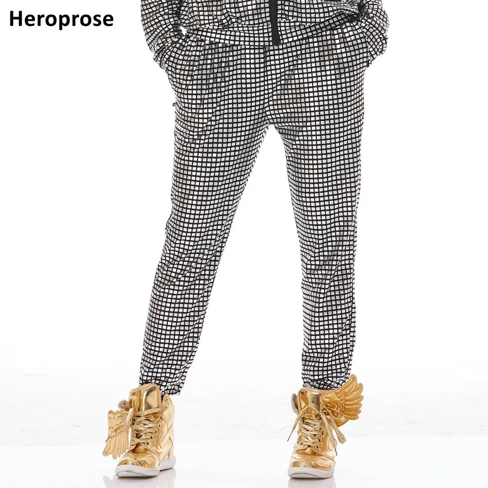 

Heroprose Women Summer New Fashion Silver Plaid Elastic Dance Street Wear Wide Leg Loose Bloomers Hip Hop Harem Pants