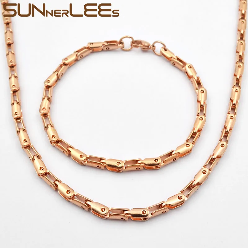 SUNNERLEES Fashion Jewelry Stainless Steel Necklace Bracelet Set 4mm Geometric Link Chain Gold Color For Men Women SC95 S