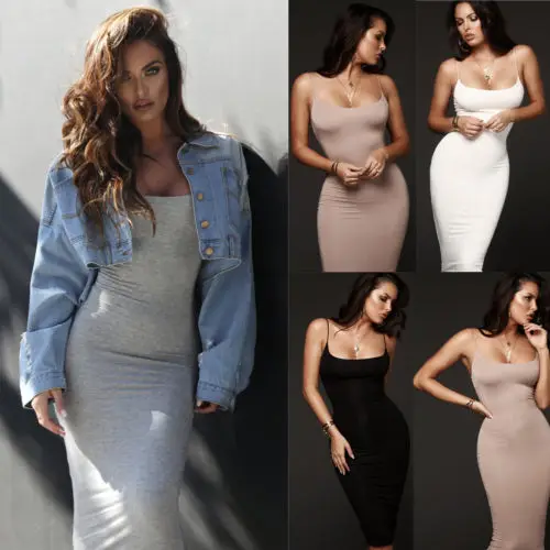 Women Lady V-Neck Pencil Dress Solid Color Backless Spaghetti Strap Bodycon Slim Slip Dress Summer Beach Sundress