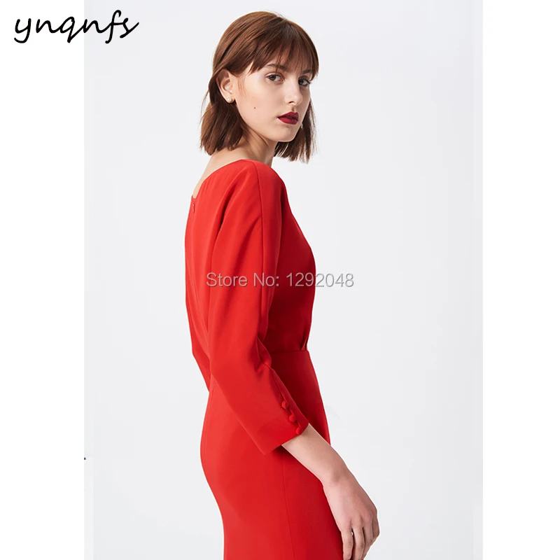 YNQNFS-vestido de satén italiano estilo francés, vestido de fiesta para invitados, con cuello de barco, longitud de té, color rojo, M136, 2019