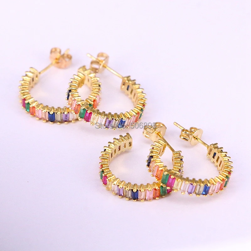 

3 pairs/ 6 pairs Gold Color Rainbow CZ stud earrings, Colorful crystal zirconia half round metal earrings, women jewelry