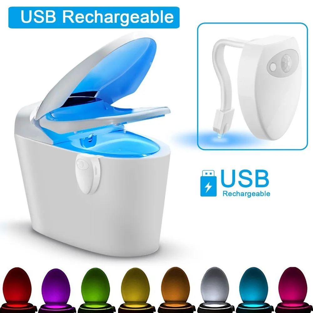 Coquimbo USB Rechargeable Toilet Light PIR Motion Sensor 8 Colors Backlight For Toilet Bowl Smart Night Light For Bathroom