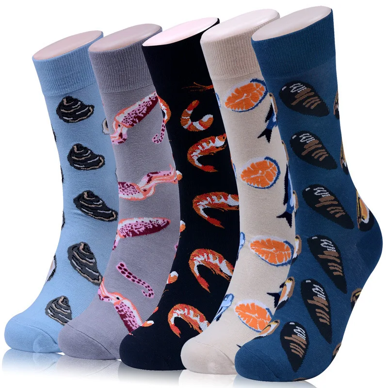 Men Socks Funny Cartoon Octopus Shrimp Seafood Colorful Happy Harajuku Personality Hip Hop Street Style Male Skate Cotton Socks