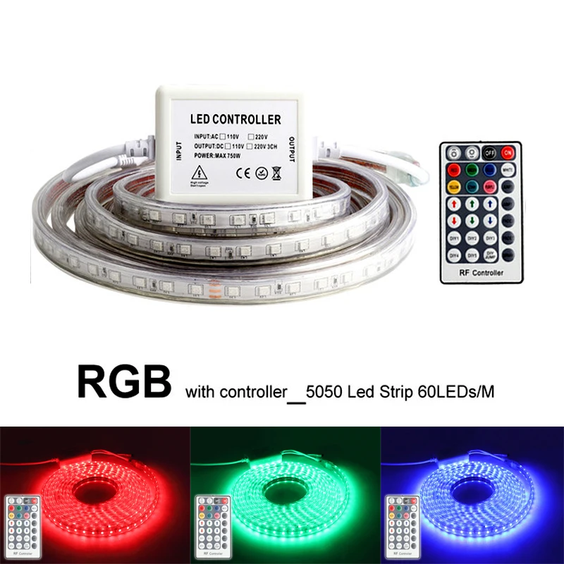 

220V RGB Led Strip Light with 28Key RF Controller Waterproof Flexible Ledstrip 220 v 5050 SMD Diode Tape Lamp Ribbon Strips