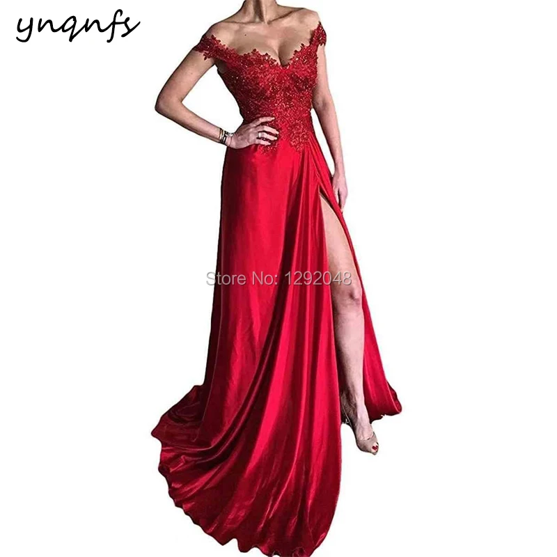 

YNQNFS M27 Chic Off Shoulder High Leg Slit Sexy Long Dress Party Prom Lace Appliques Formal Dress Mother of the Bride Gown