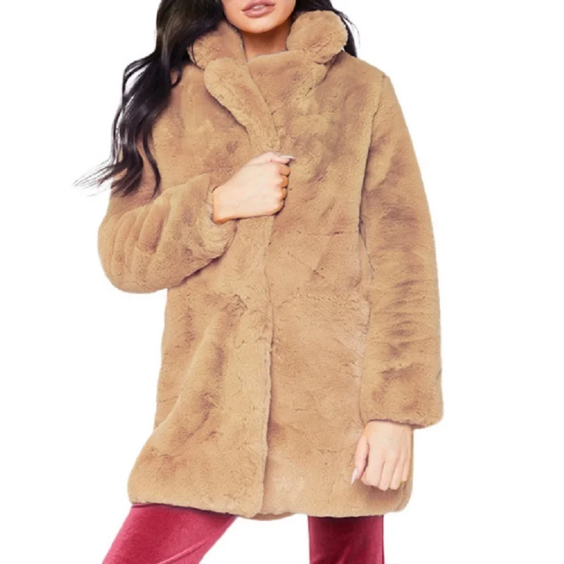 

Women Autumn Spring Fluffy Plush Faux Fur Coat Casual Long Sleeve Turn-down Collar Pockets Jacket Outwear 3X