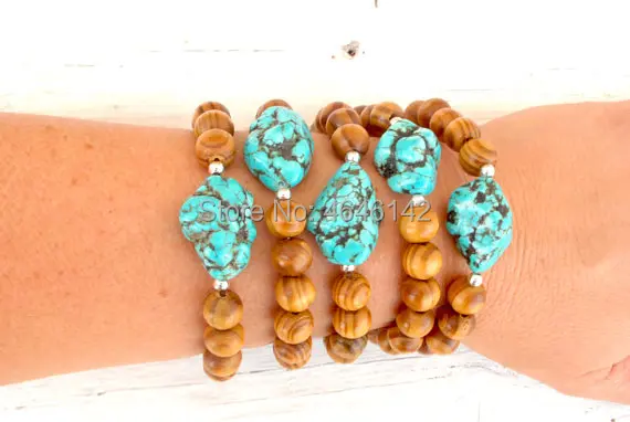 Boho Chic Wood Bead Turquosie Beads Nugget Yoga Beaded Stretch Bracelet