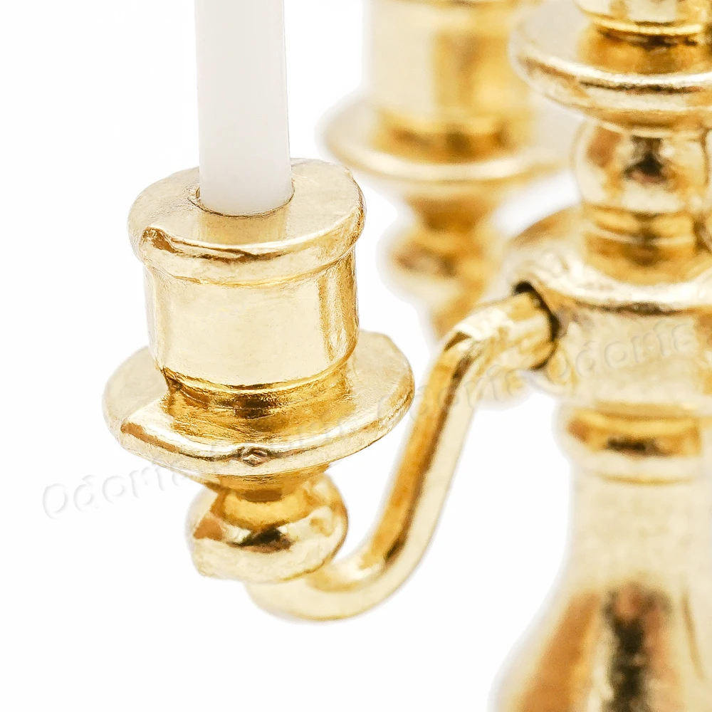 Odoria 1:12 Miniature Metal Golden Candlestick 5 Arms and White Candles Kitchen Furniture Dollhouse Accessories Doll House Decor