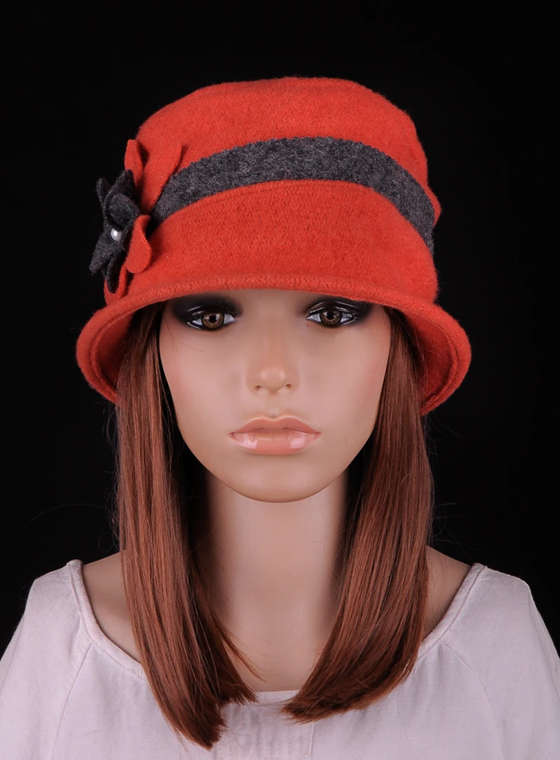 Women\'s Vintage Orange Wool Floral Beanie Embellishment Rosette Cloche Bucket Hat Winter Cap